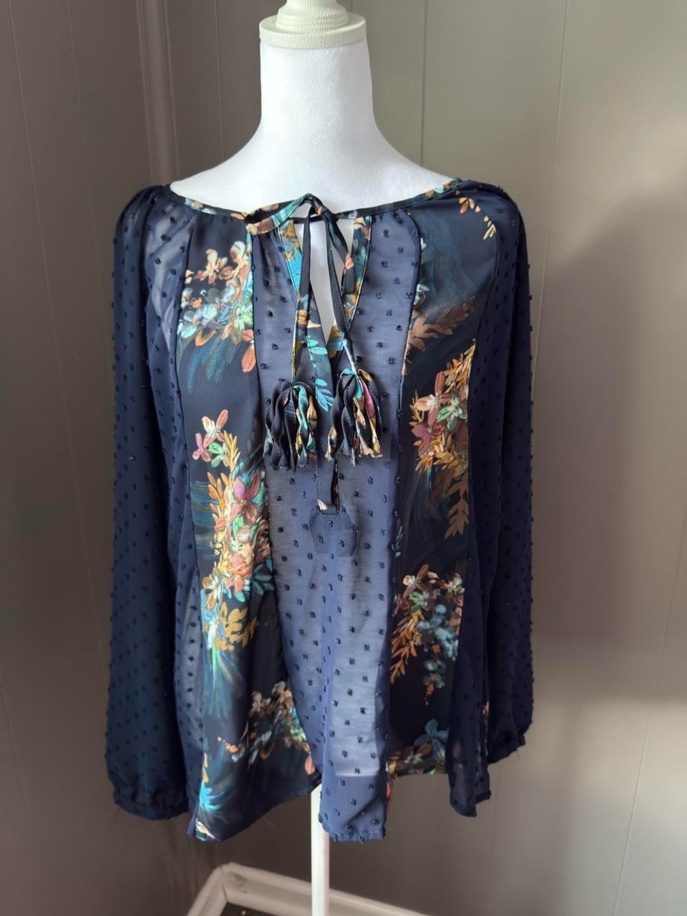 Cupio Navy Floral Swiss-Dot Tie-Neck Blouse